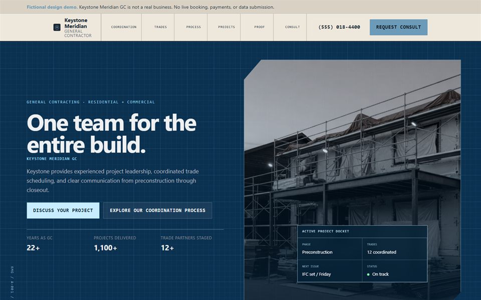 Desktop homepage preview of the Keystone Meridian GC design demo, showing a balanced blueprint-inspired construction hero with project photography.