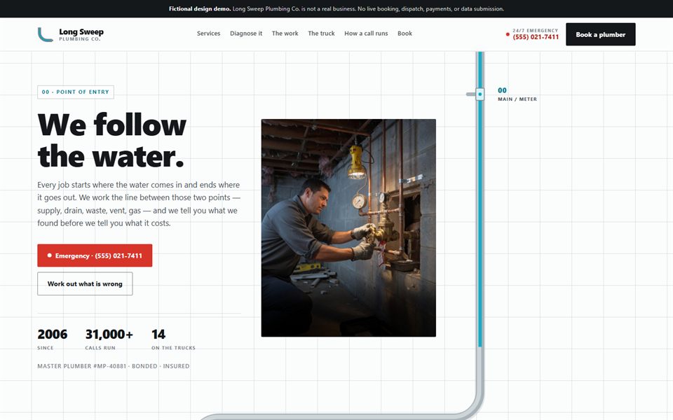 Desktop homepage preview of the Long Sweep Plumbing Co. design demo, showing a porcelain-and-tile hero with a chrome pipe running down the page and an emergency call to action.