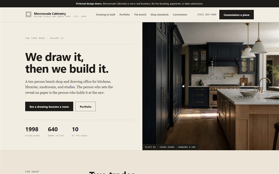 Desktop homepage preview of the Morrowvale Cabinetry design demo, showing a paper-toned editorial hero with a navy kitchen photograph annotated by shop-drawing dimension lines.