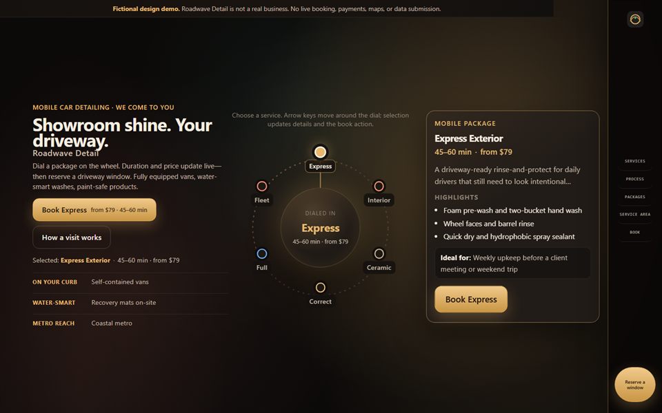 Desktop homepage preview of the Roadwave Detail mobile detailing design demo, showing a dark aqua hero and service-wheel call to action.