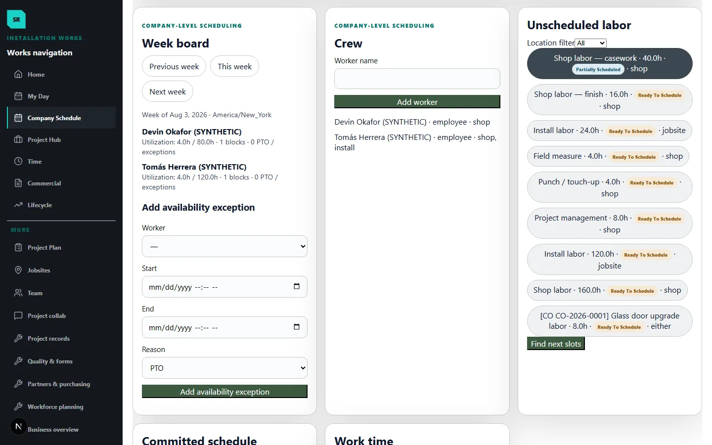 ShopReady Works Company Schedule showing synthetic Morrowvale crew assignments and weekly capacity.
