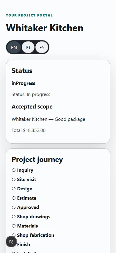 Mobile ShopReady Works customer portal showing a synthetic Morrowvale project status, approved updates, and billing information.
