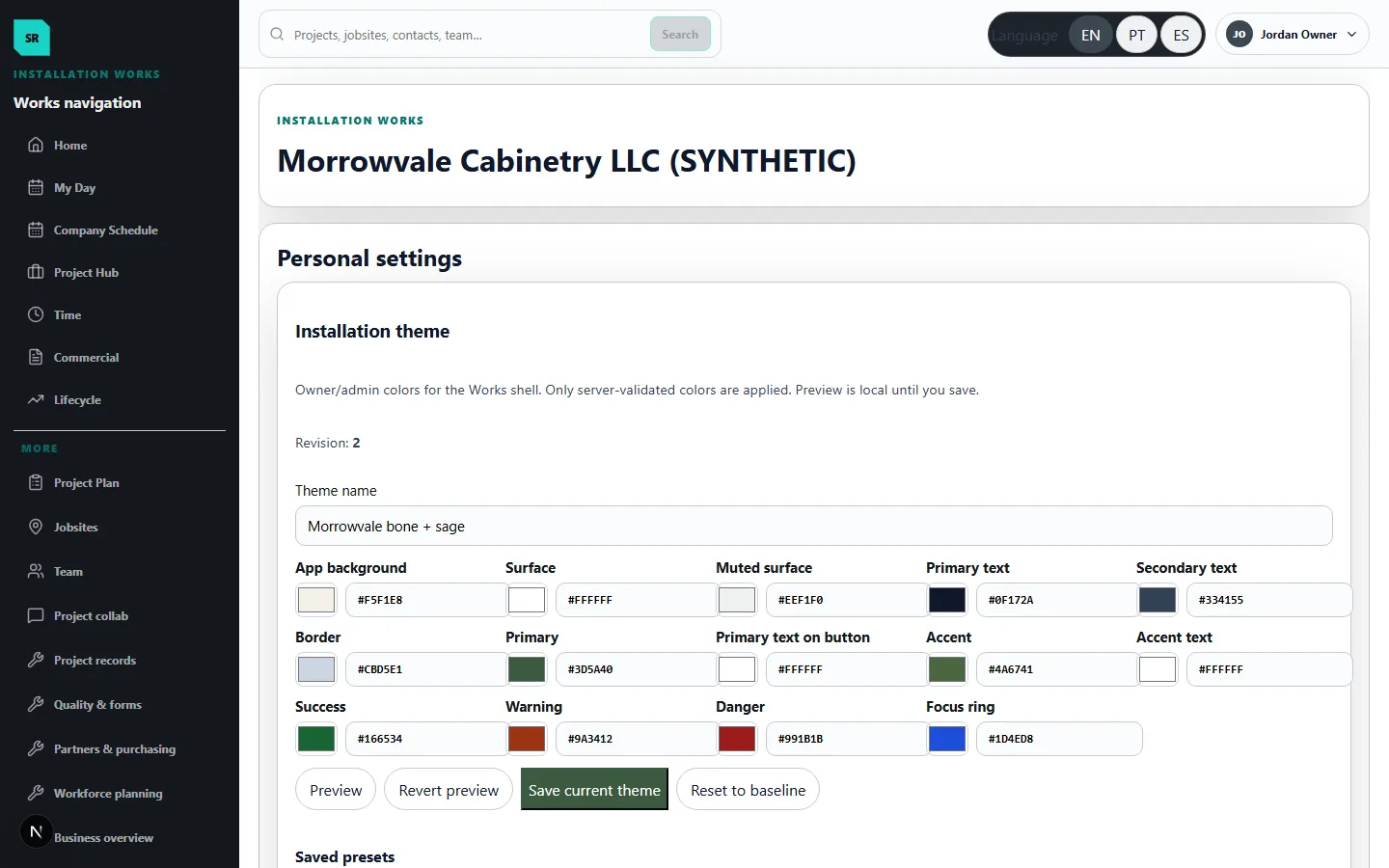 ShopReady Works owner theme settings showing synthetic Morrowvale customer-controlled colors and a saved delivery default.